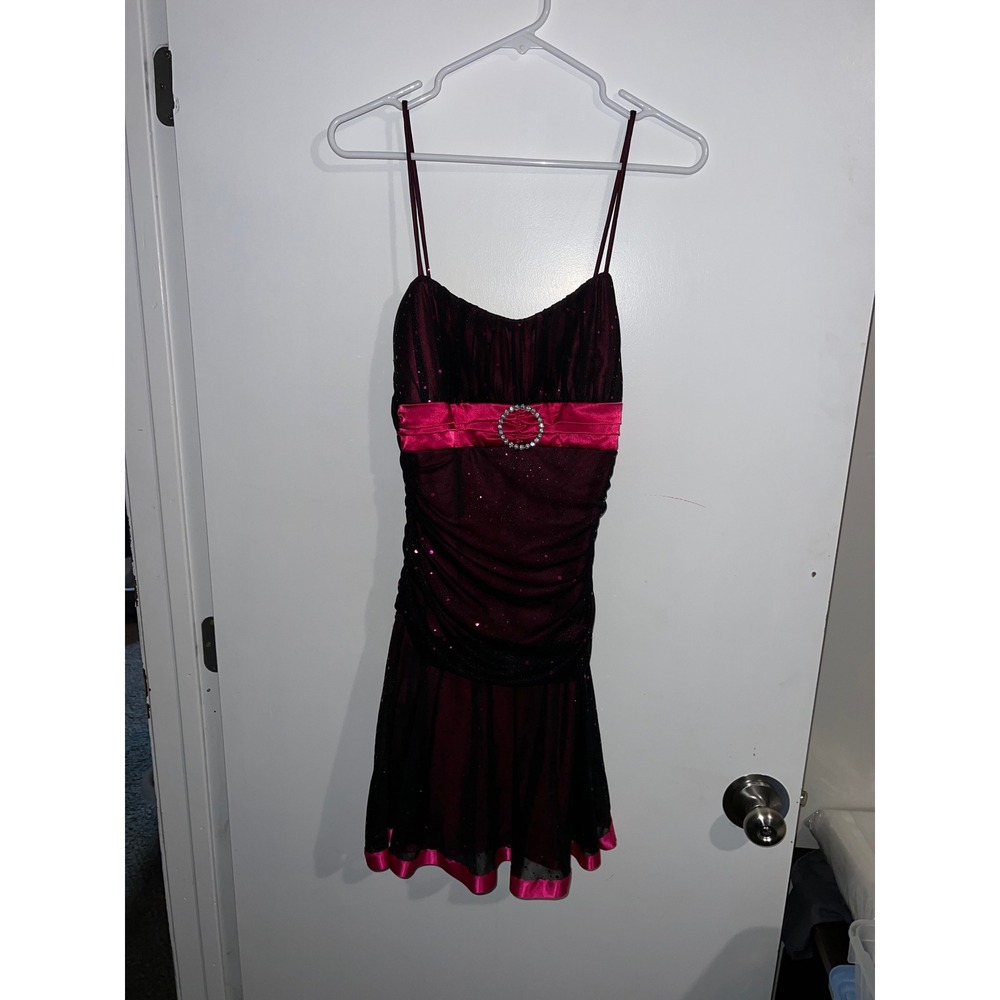 Deb Women Pink Black Sequin Mesh Mini Party Dress Size Large Rhinestone Buckle